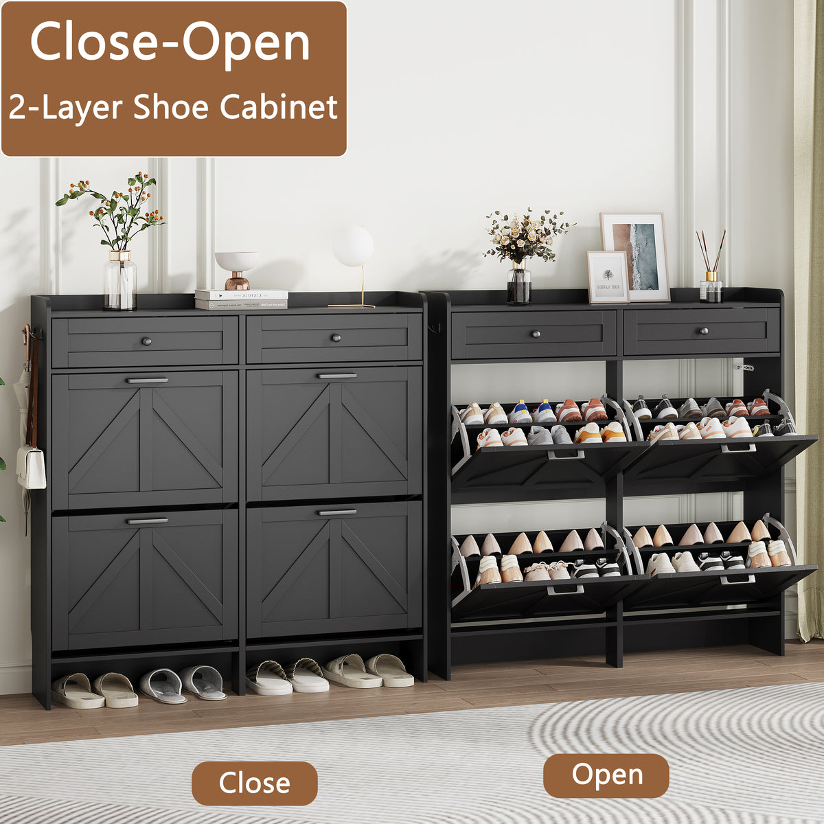 Anymaple Newport Black 4-door shoe cabinet, flip drawer storage for sneakers flats sandals and daily shoes
