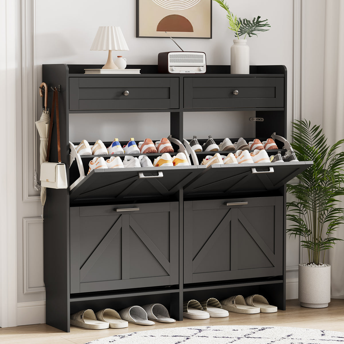 Anymaple Newport Black 4-door shoe cabinet, hidden shoe storage that keeps footwear out of sight and reduces clutter