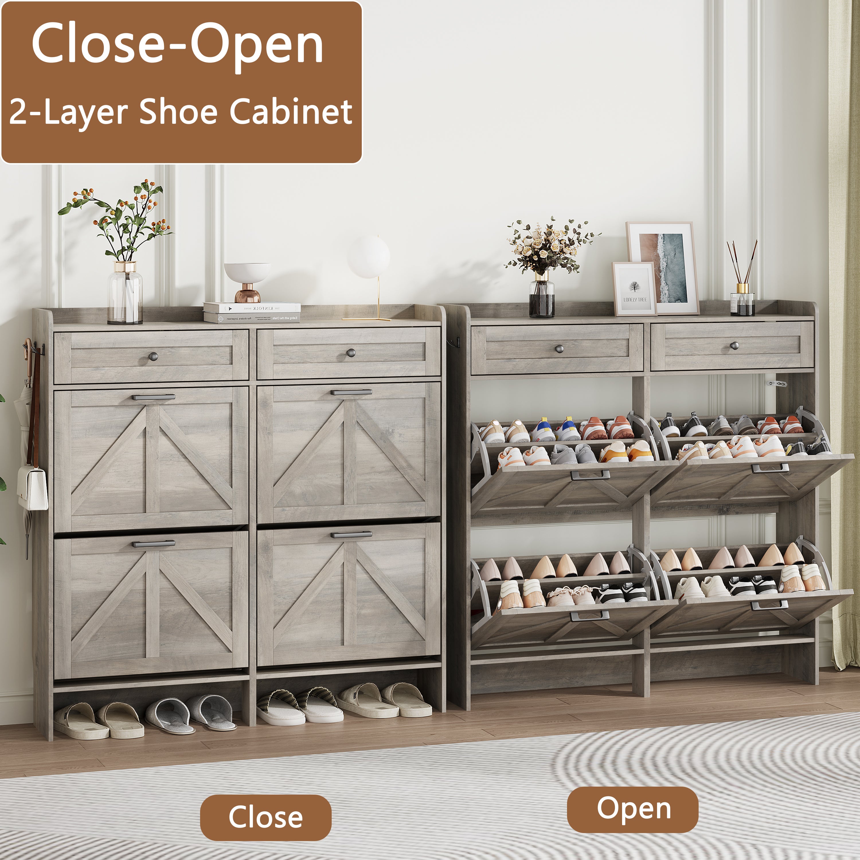 Anymaple Newport Gray 4-door shoe cabinet, adjustable panels for flexible shoe organization