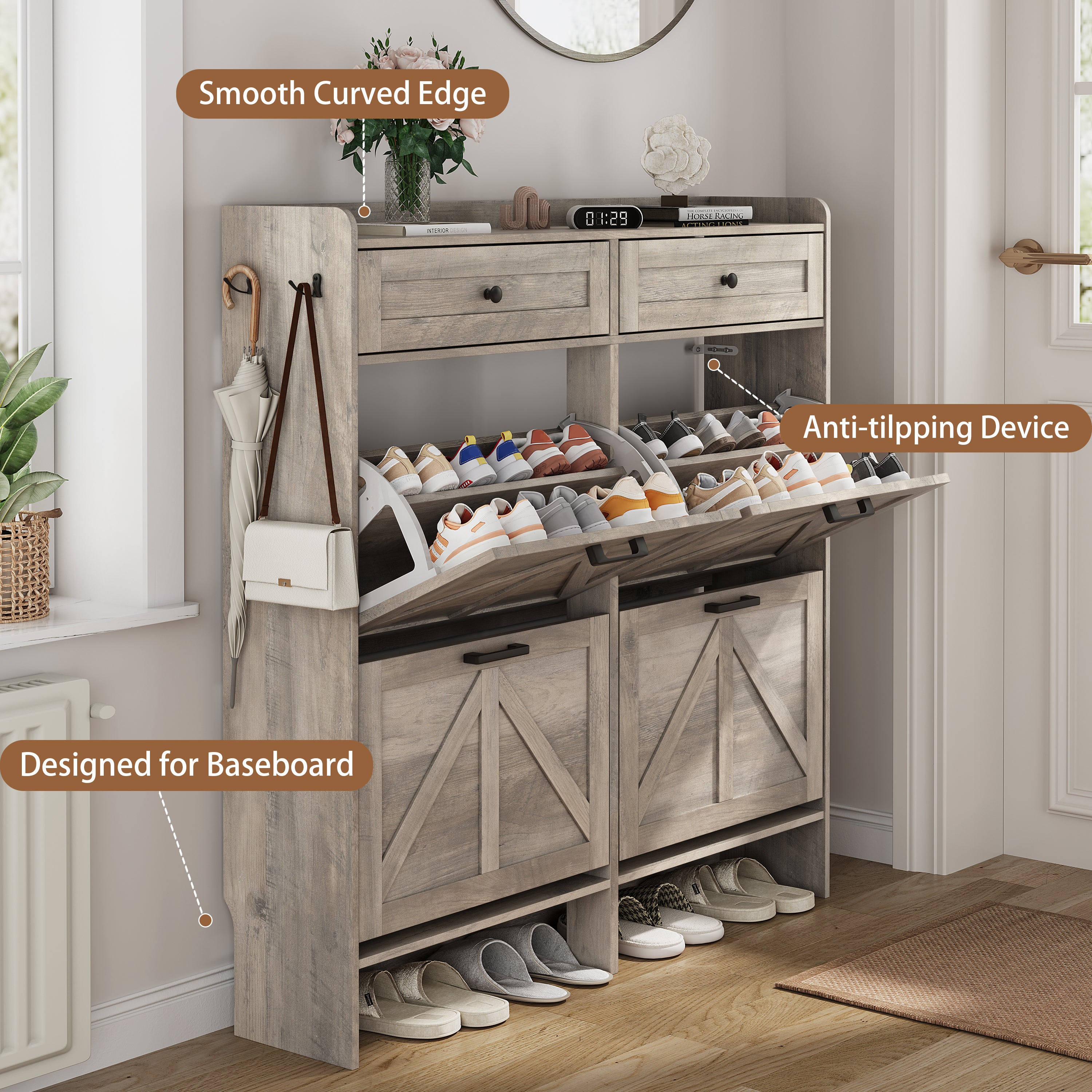 Anymaple Newport Gray 4-door shoe cabinet, hidden shoe storage that keeps footwear out of sight and reduces clutter