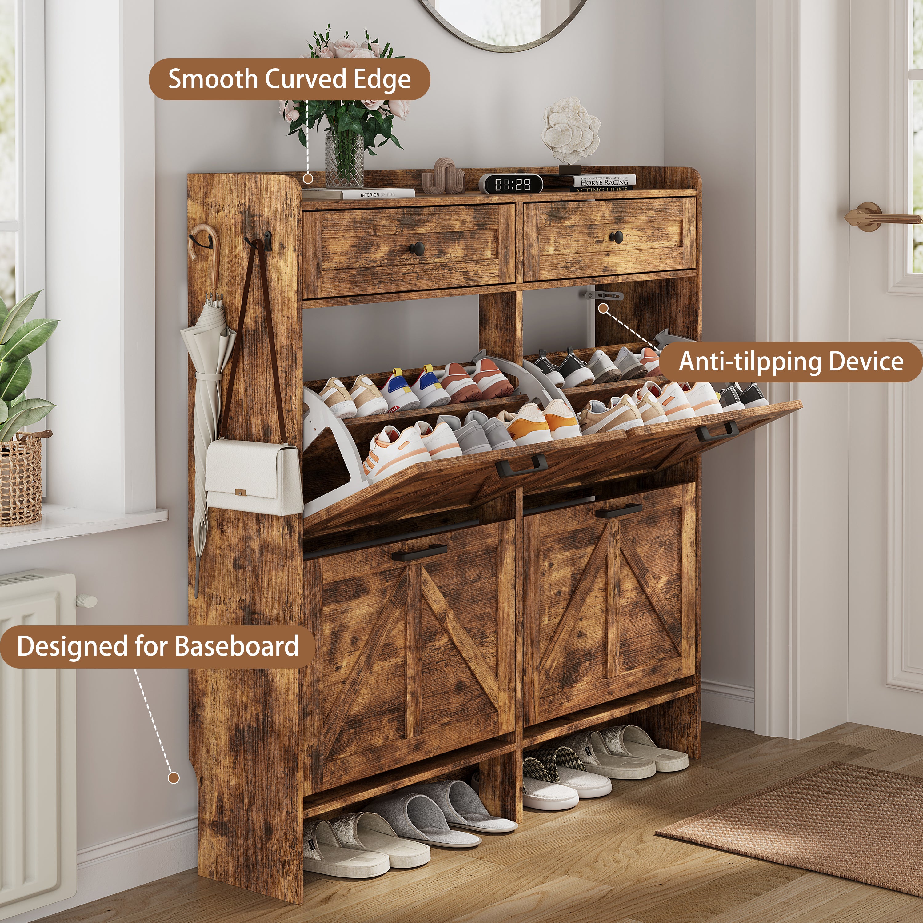 Anymaple Newport Brown 4-door shoe cabinet, adjustable panels for flexible shoe organization