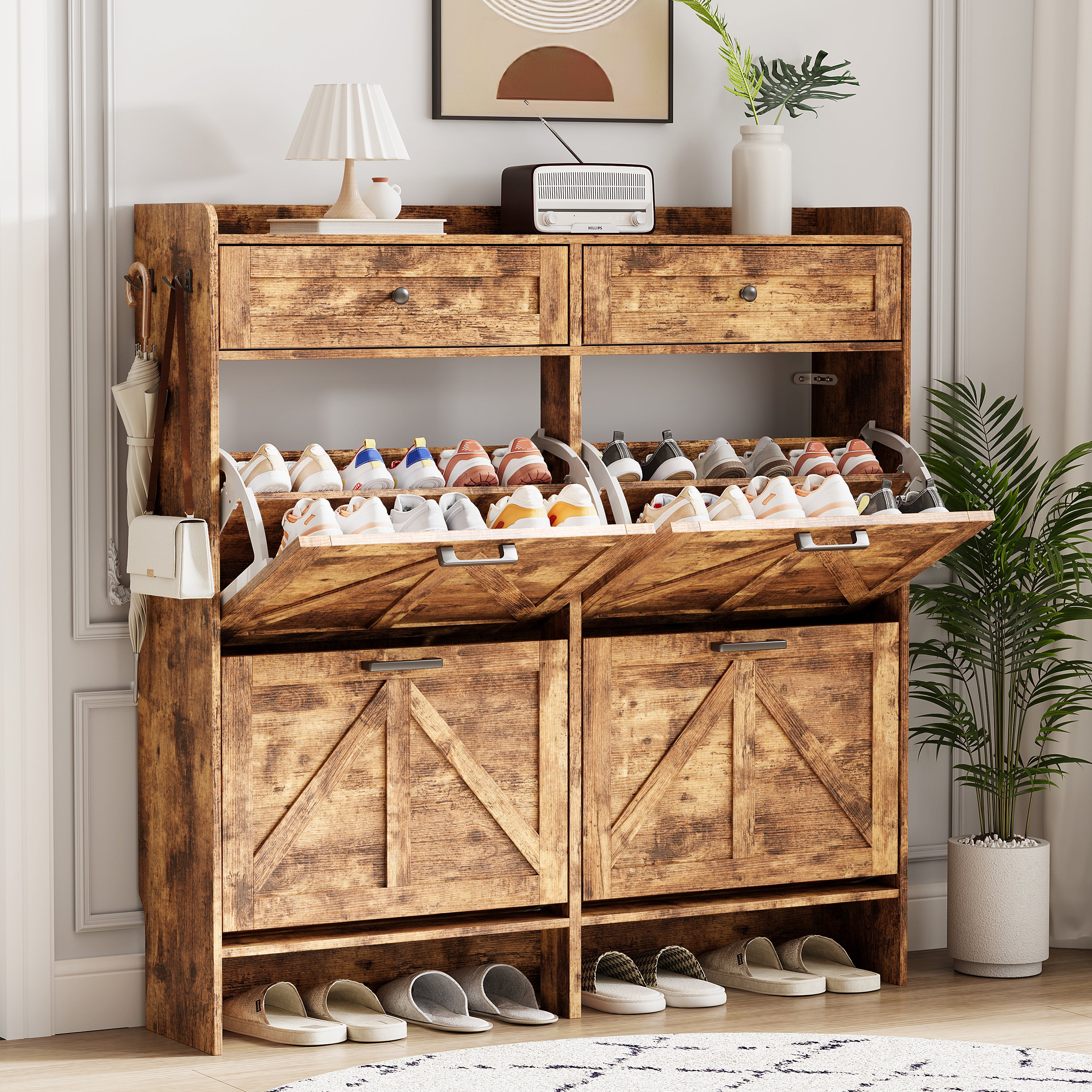 Anymaple Newport Brown 4-door shoe cabinet, hidden shoe storage that keeps footwear out of sight and reduces clutter