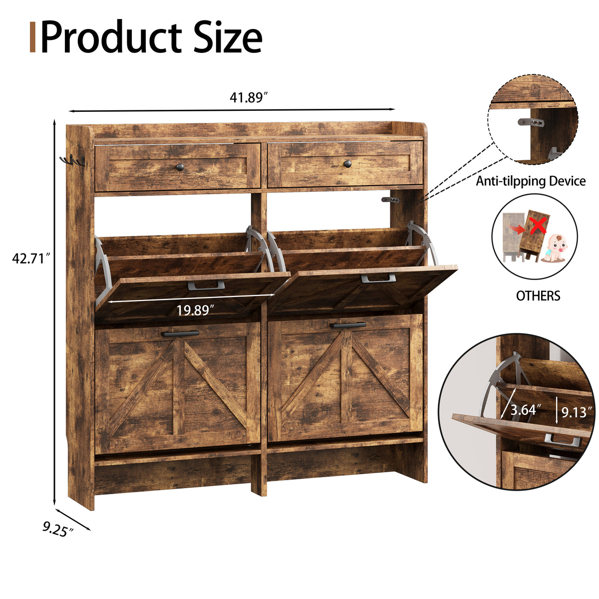 Anymaple Newport Brown 4-door shoe cabinet, narrow shoe cabinet styled for hallway foyer or apartment entryway