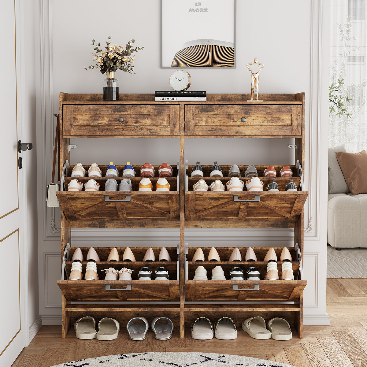 Anymaple Newport Brown 4-door shoe cabinet, stable farmhouse style cabinet detail for daily home use