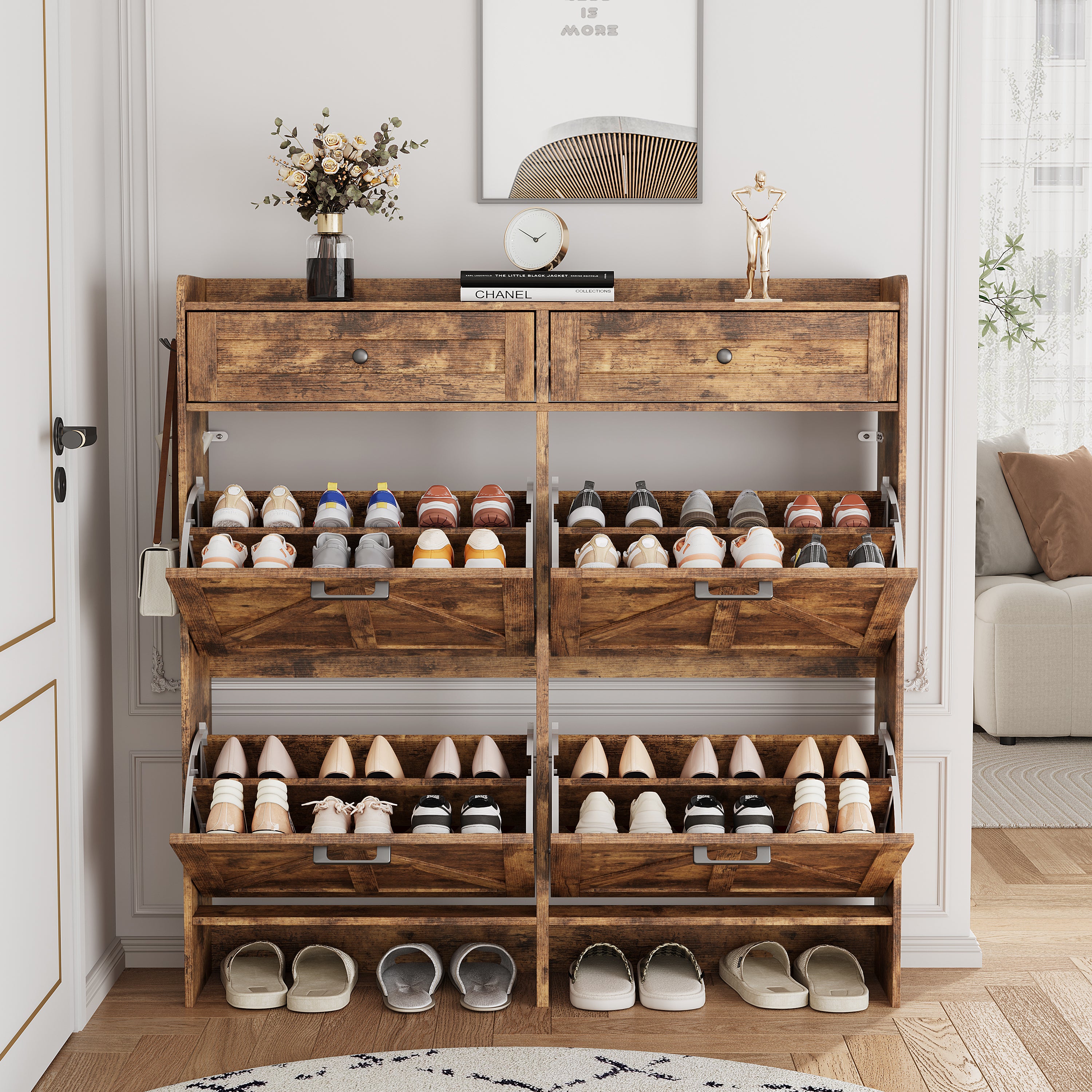 Anymaple Newport Brown 4-door shoe cabinet, stable farmhouse style cabinet detail for daily home use