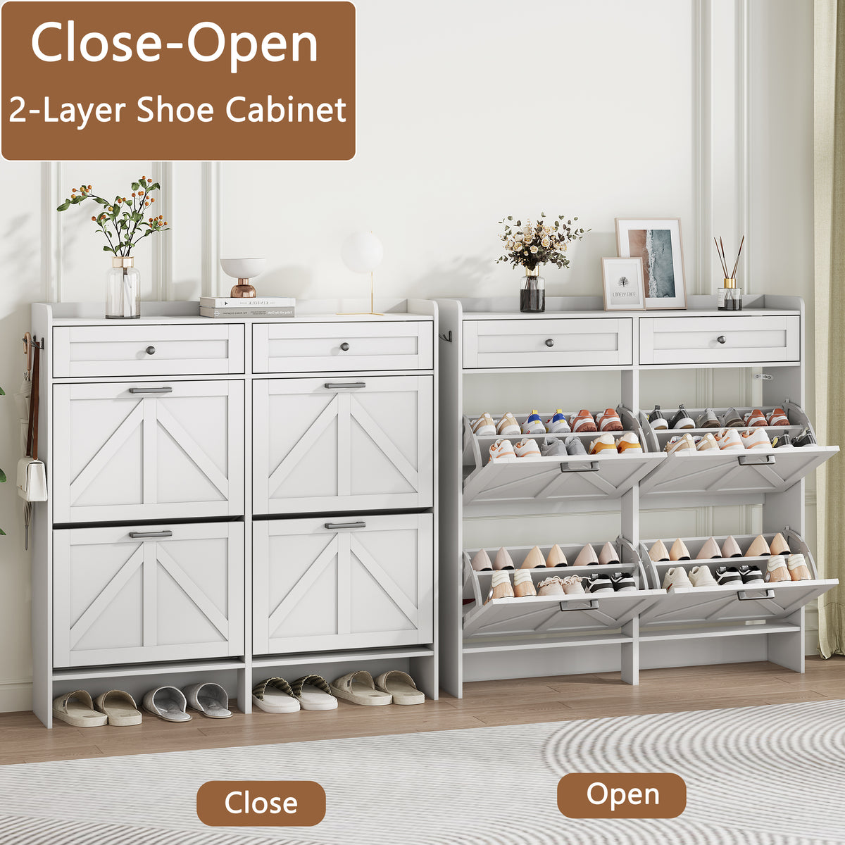 Anymaple Newport White 4-door shoe cabinet, adjustable panels for flexible shoe organization