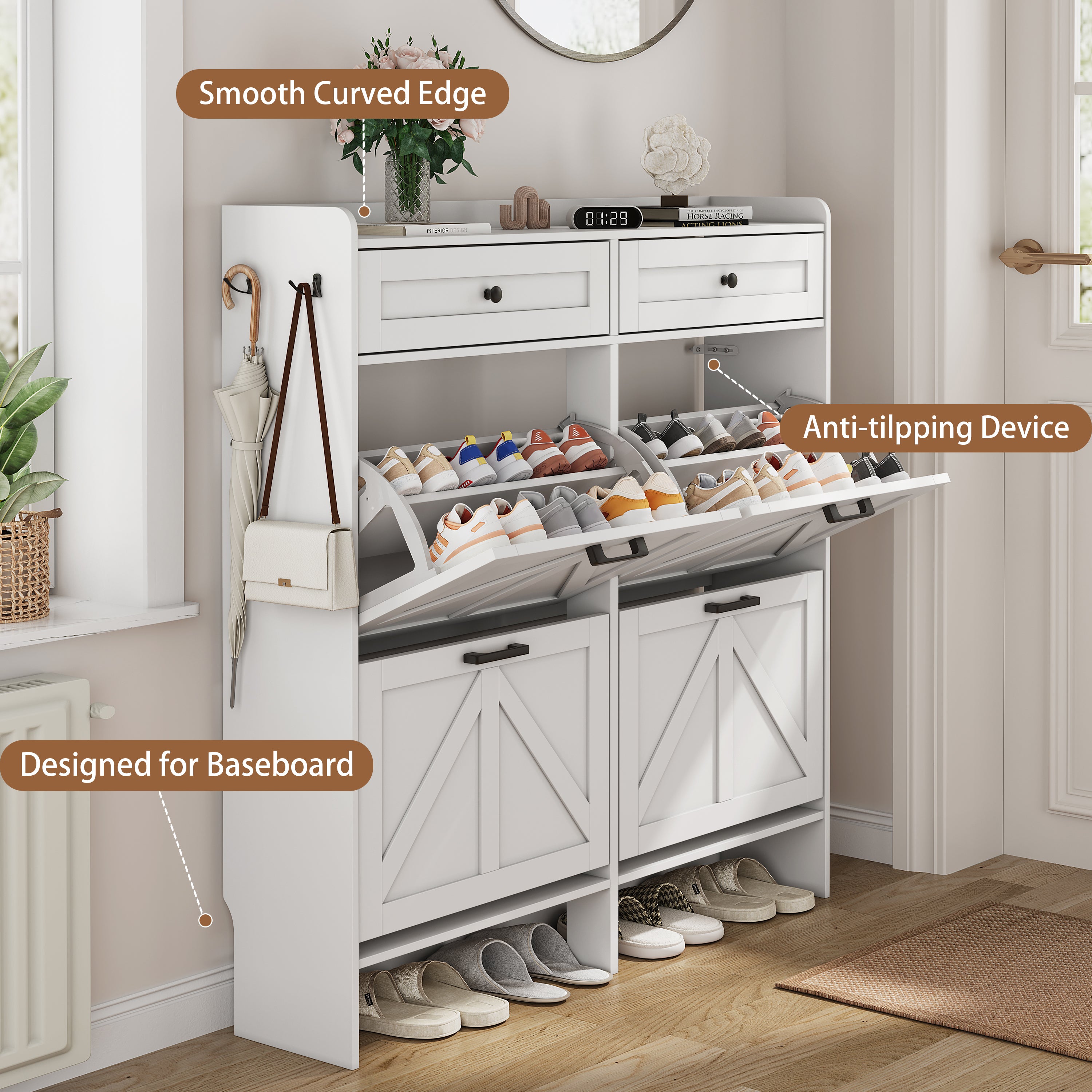 Anymaple Newport White 4-door shoe cabinet, hidden shoe storage that keeps footwear out of sight and reduces clutter