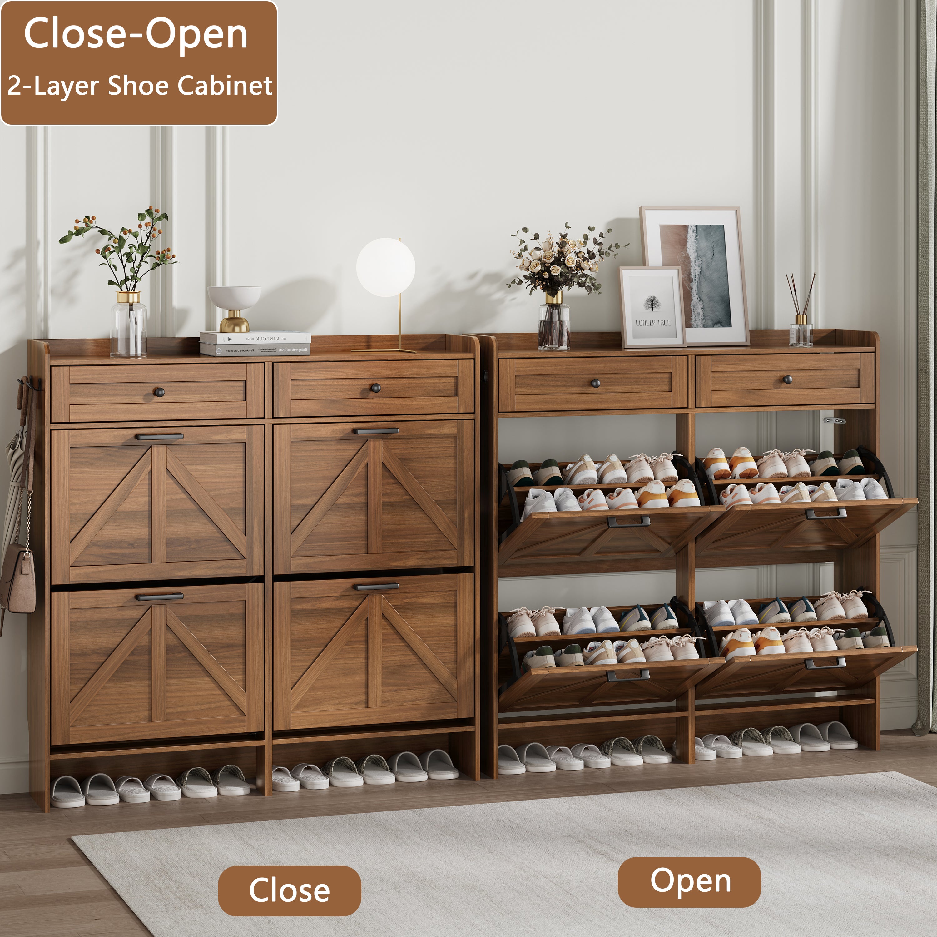 Anymaple Newport Walnut 4-door shoe cabinet, adjustable panels for flexible shoe organization