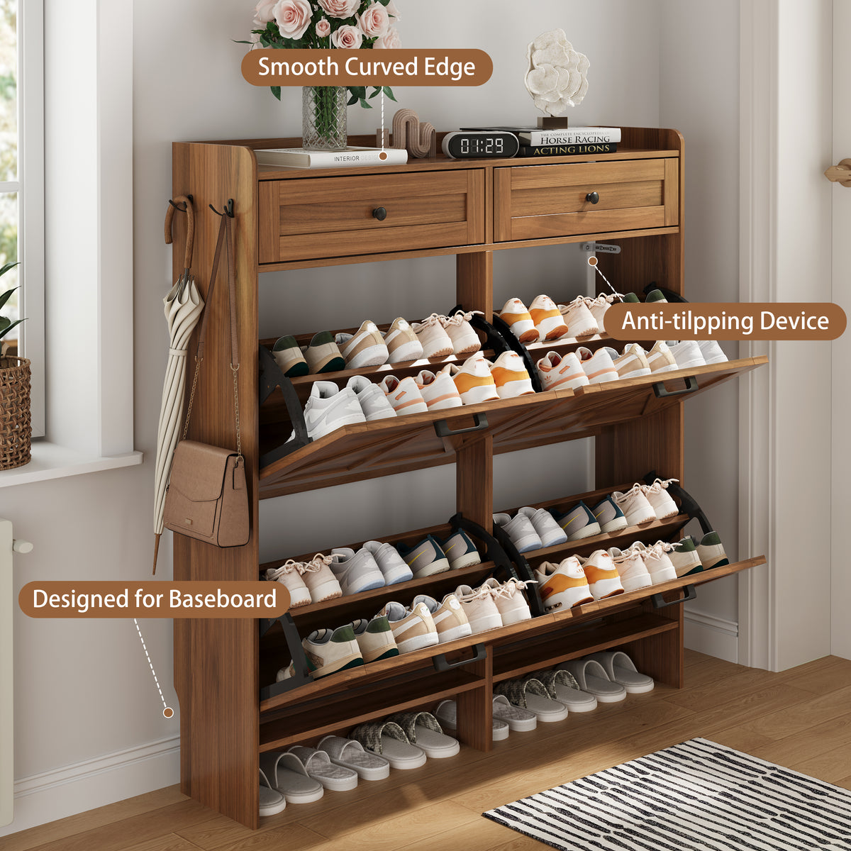 Anymaple Newport Walnut 4-door shoe cabinet, hidden shoe storage that keeps footwear out of sight and reduces clutter