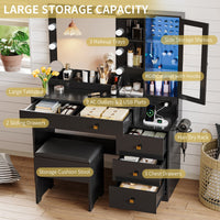Anymaple Illume Collection Black makeup vanity with lighted mirror and jewelry cabinet 5-drawer storage for makeup, brushes, and beauty tools