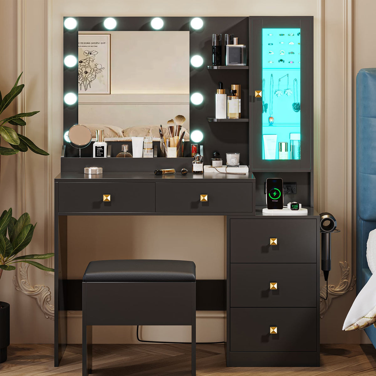 Anymaple Illume Collection Black makeup vanity with lighted mirror and jewelry cabinet side jewelry cabinet for accessories and cosmetics
