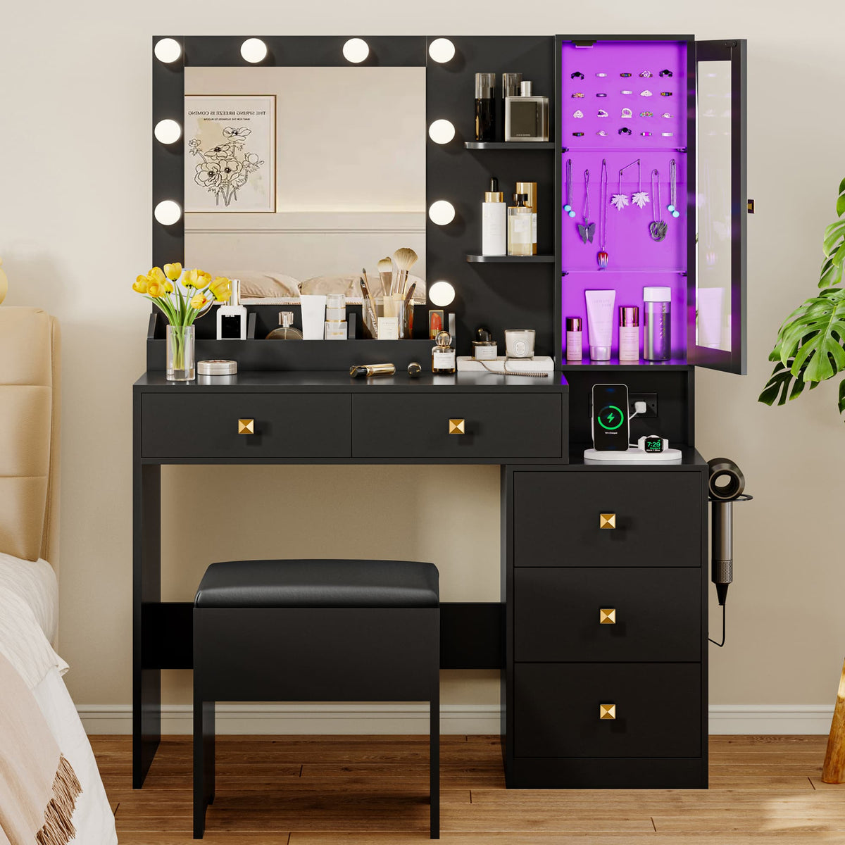 Anymaple Illume Collection Black makeup vanity with lighted mirror and jewelry cabinet lighted mirror for makeup and skincare routines