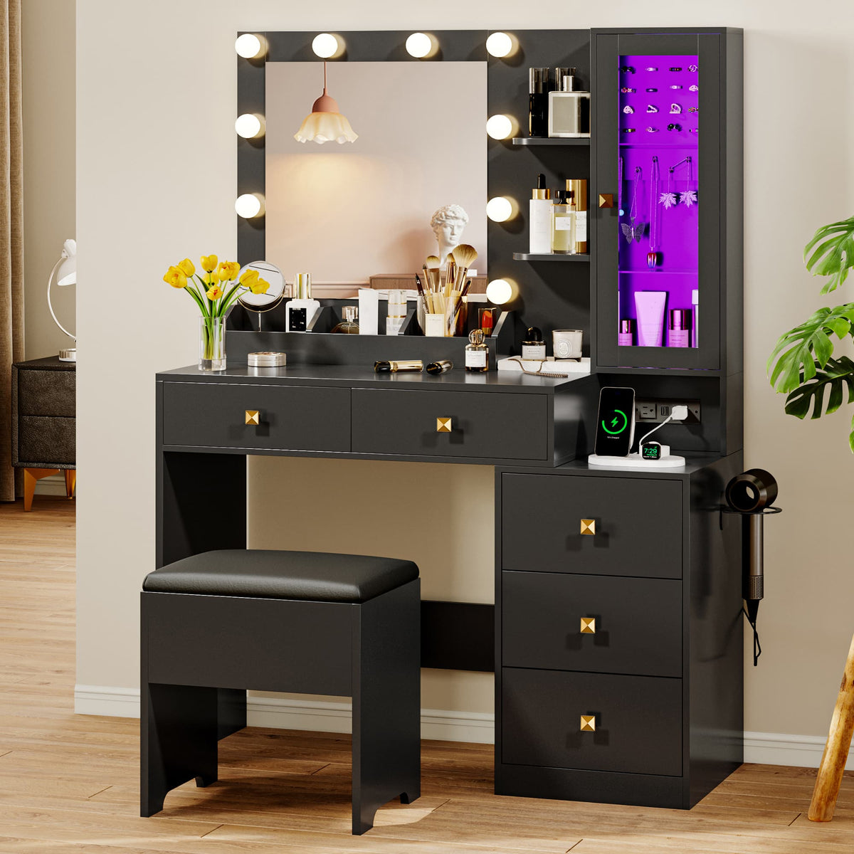 Anymaple Illume Collection Black makeup vanity with lighted mirror and jewelry cabinet main view with lighted mirror, jewelry cabinet, drawers, and included stool