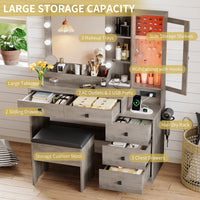 Anymaple Illume Collection Gray makeup vanity with lighted mirror and jewelry cabinet 5-drawer storage for makeup, brushes, and beauty tools