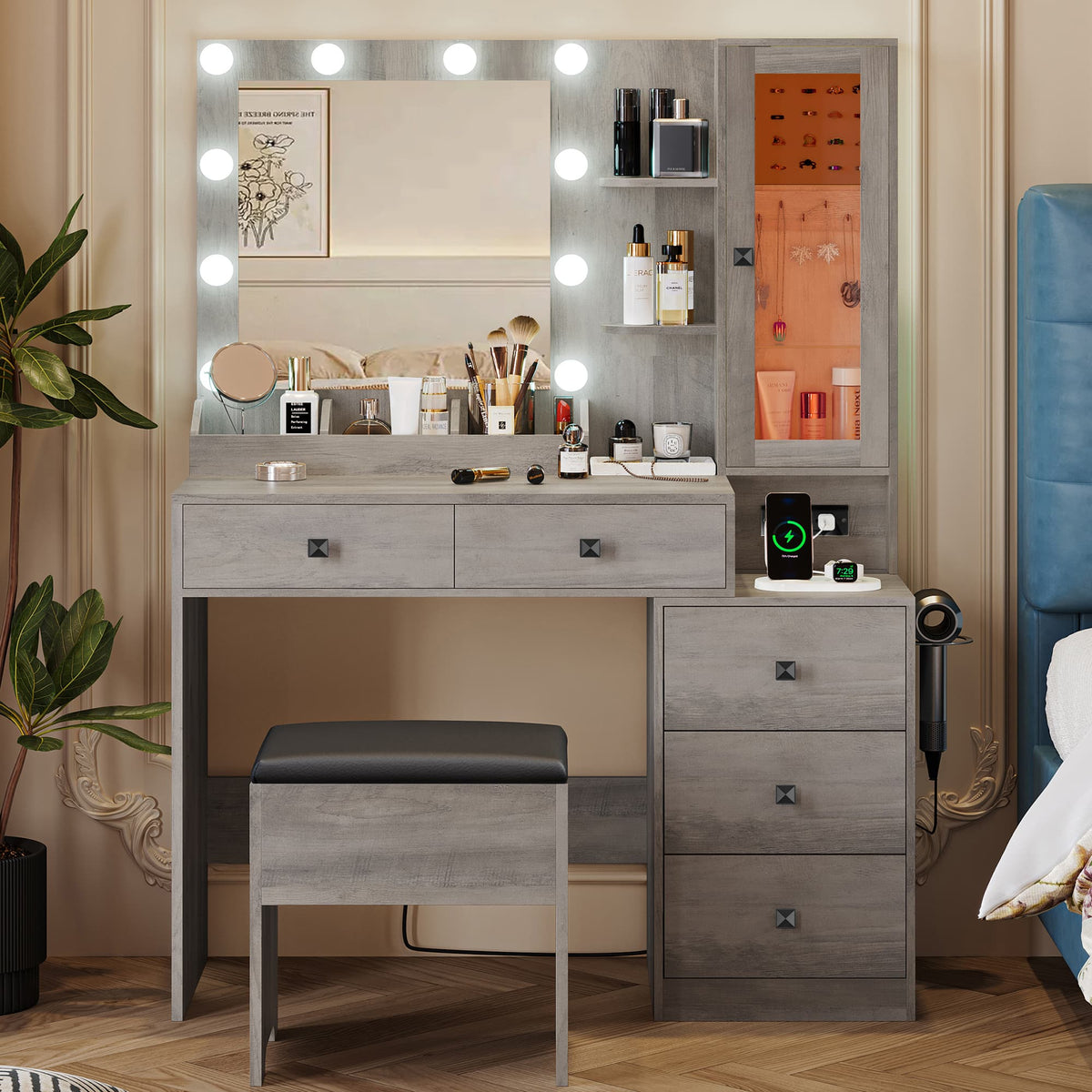 Anymaple Illume Collection Gray makeup vanity with lighted mirror and jewelry cabinet side jewelry cabinet for accessories and cosmetics
