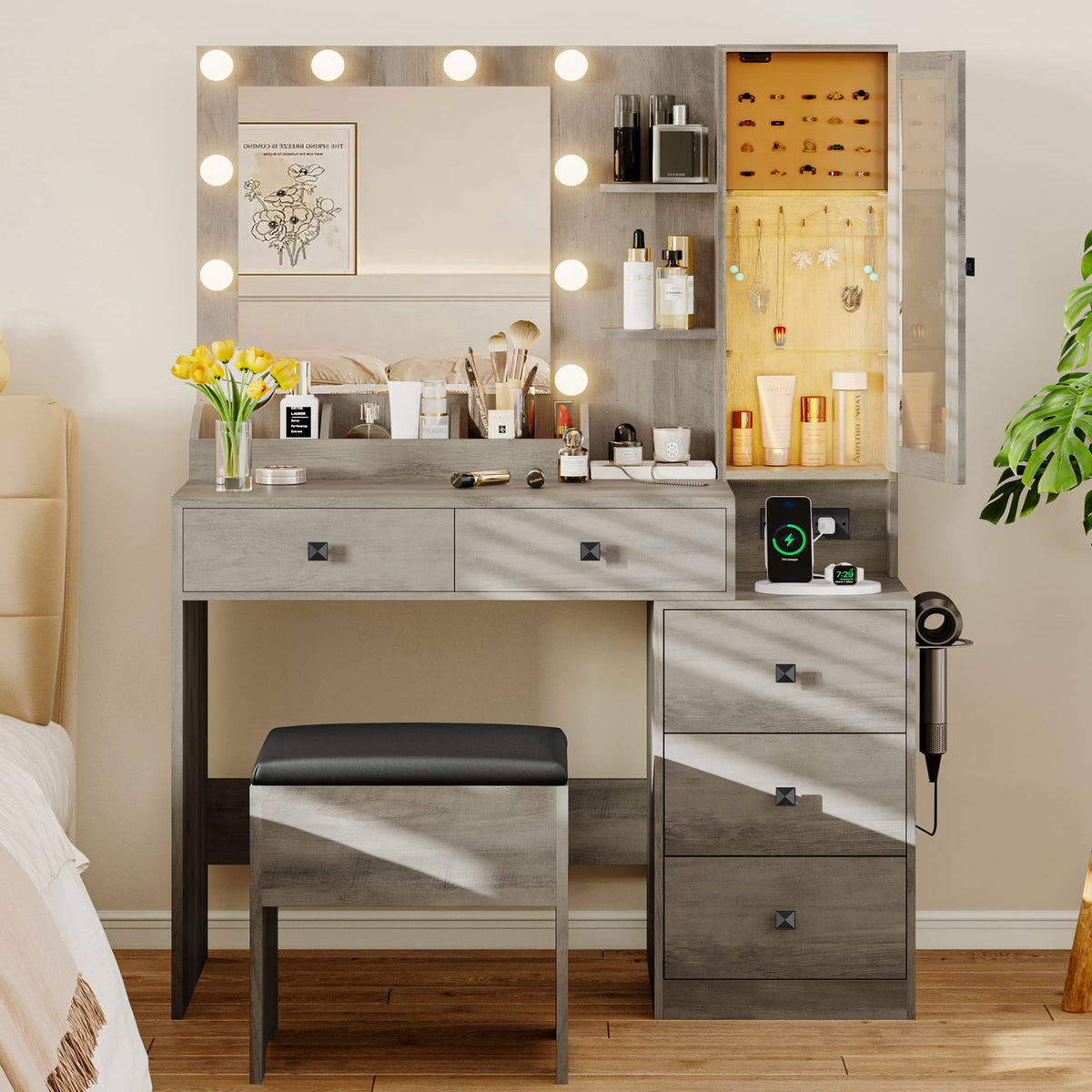 Anymaple Illume Collection Gray makeup vanity with lighted mirror and jewelry cabinet lighted mirror for makeup and skincare routines