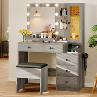Anymaple Illume Collection Gray makeup vanity with lighted mirror and jewelry cabinet main view with lighted mirror, jewelry cabinet, drawers, and included stool
