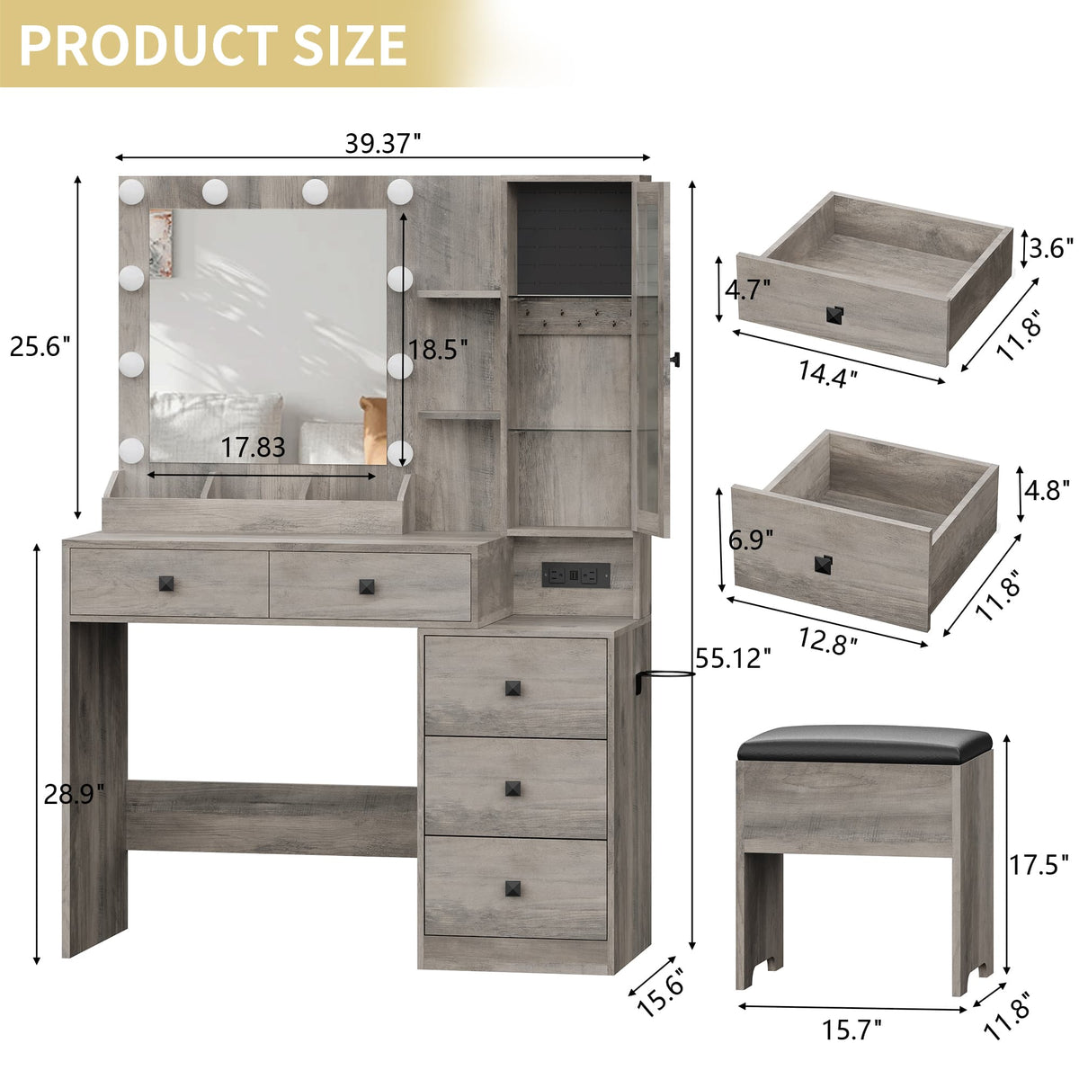 Anymaple Illume Collection Gray makeup vanity with lighted mirror and jewelry cabinet product size dimensions, 39"W x 16"D x 55"H