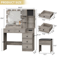 Anymaple Illume Collection Gray makeup vanity with lighted mirror and jewelry cabinet product size dimensions, 39"W x 16"D x 55"H