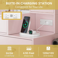Anymaple Illume Collection Pink makeup vanity with lighted mirror and jewelry cabinet built-in charging station with USB ports and AC outlets
