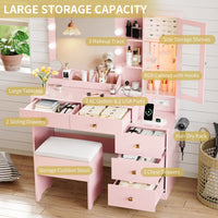 Anymaple Illume Collection Pink makeup vanity with lighted mirror and jewelry cabinet 5-drawer storage for makeup, brushes, and beauty tools