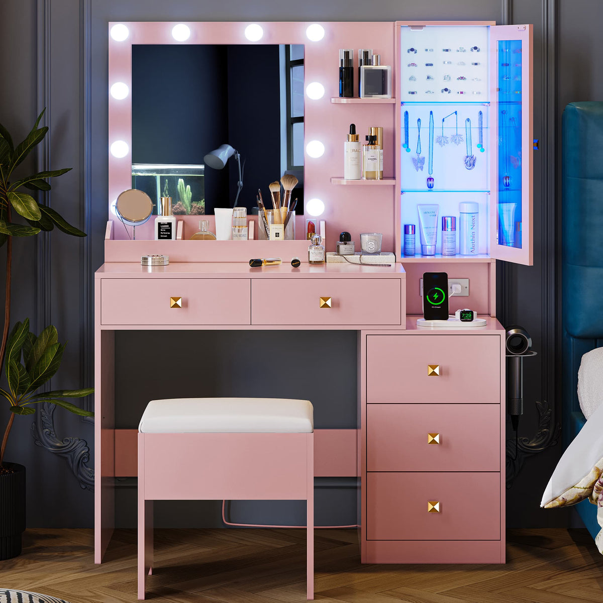 Anymaple Illume Collection Pink makeup vanity with lighted mirror and jewelry cabinet side jewelry cabinet for accessories and cosmetics