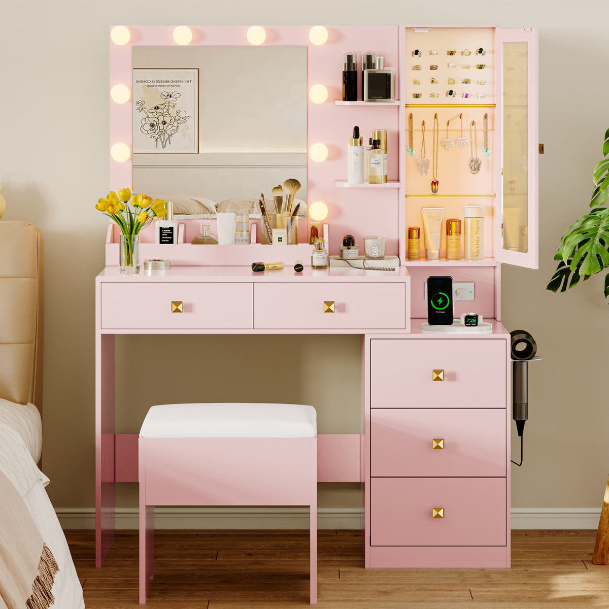 Anymaple Illume Collection Pink makeup vanity with lighted mirror and jewelry cabinet lighted mirror for makeup and skincare routines