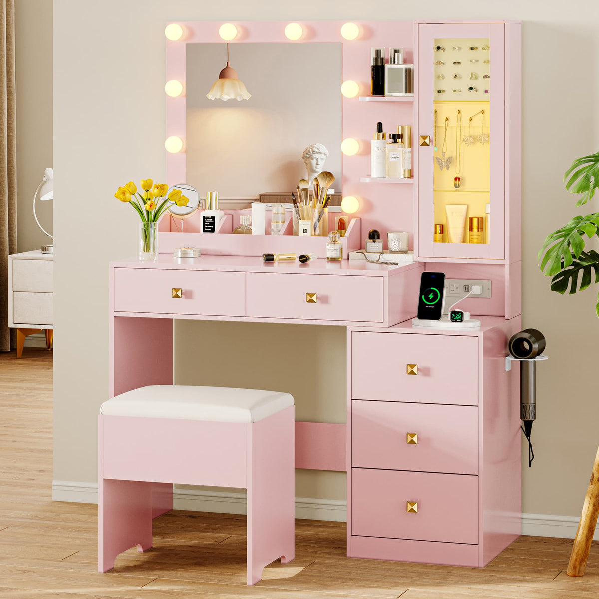 Anymaple Illume Collection Pink makeup vanity with lighted mirror and jewelry cabinet main view with lighted mirror, jewelry cabinet, drawers, and included stool