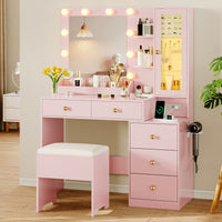 Anymaple Illume Collection Pink makeup vanity with lighted mirror and jewelry cabinet main view with lighted mirror, jewelry cabinet, drawers, and included stool