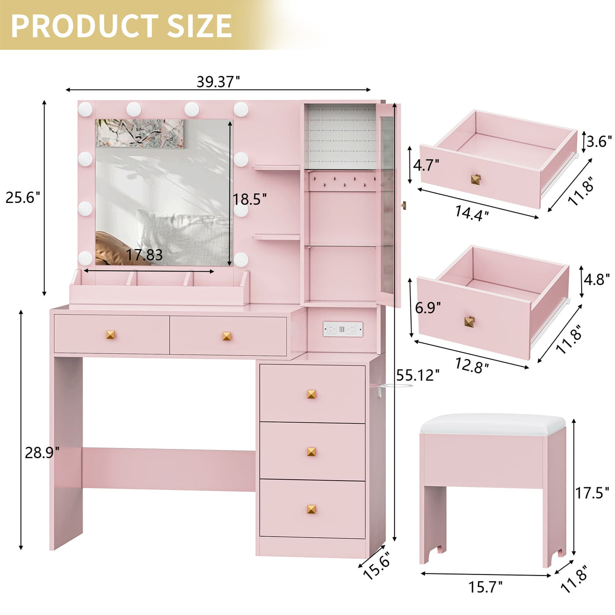 Anymaple Illume Collection Pink makeup vanity with lighted mirror and jewelry cabinet product size dimensions, 39"W x 16"D x 55"H