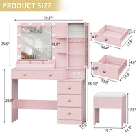 Anymaple Illume Collection Pink makeup vanity with lighted mirror and jewelry cabinet product size dimensions, 39"W x 16"D x 55"H