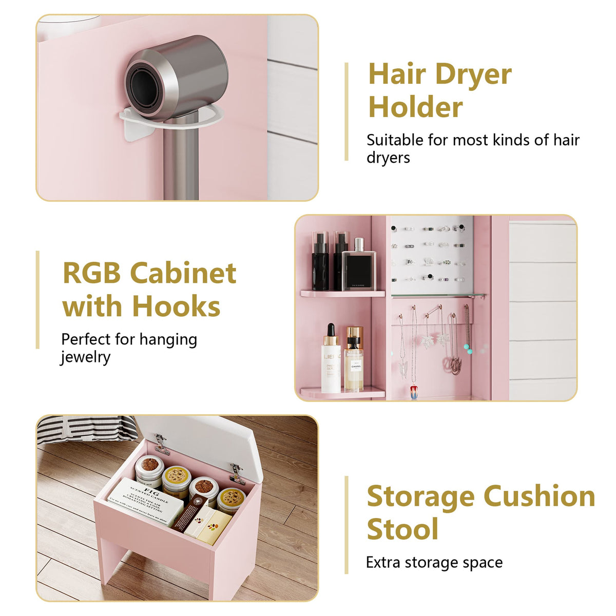 Anymaple Illume Collection Pink makeup vanity with lighted mirror and jewelry cabinet RGB ambient light detail for bedroom vanity styling