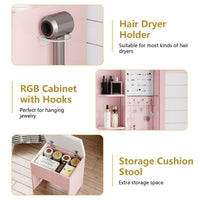 Anymaple Illume Collection Pink makeup vanity with lighted mirror and jewelry cabinet RGB ambient light detail for bedroom vanity styling