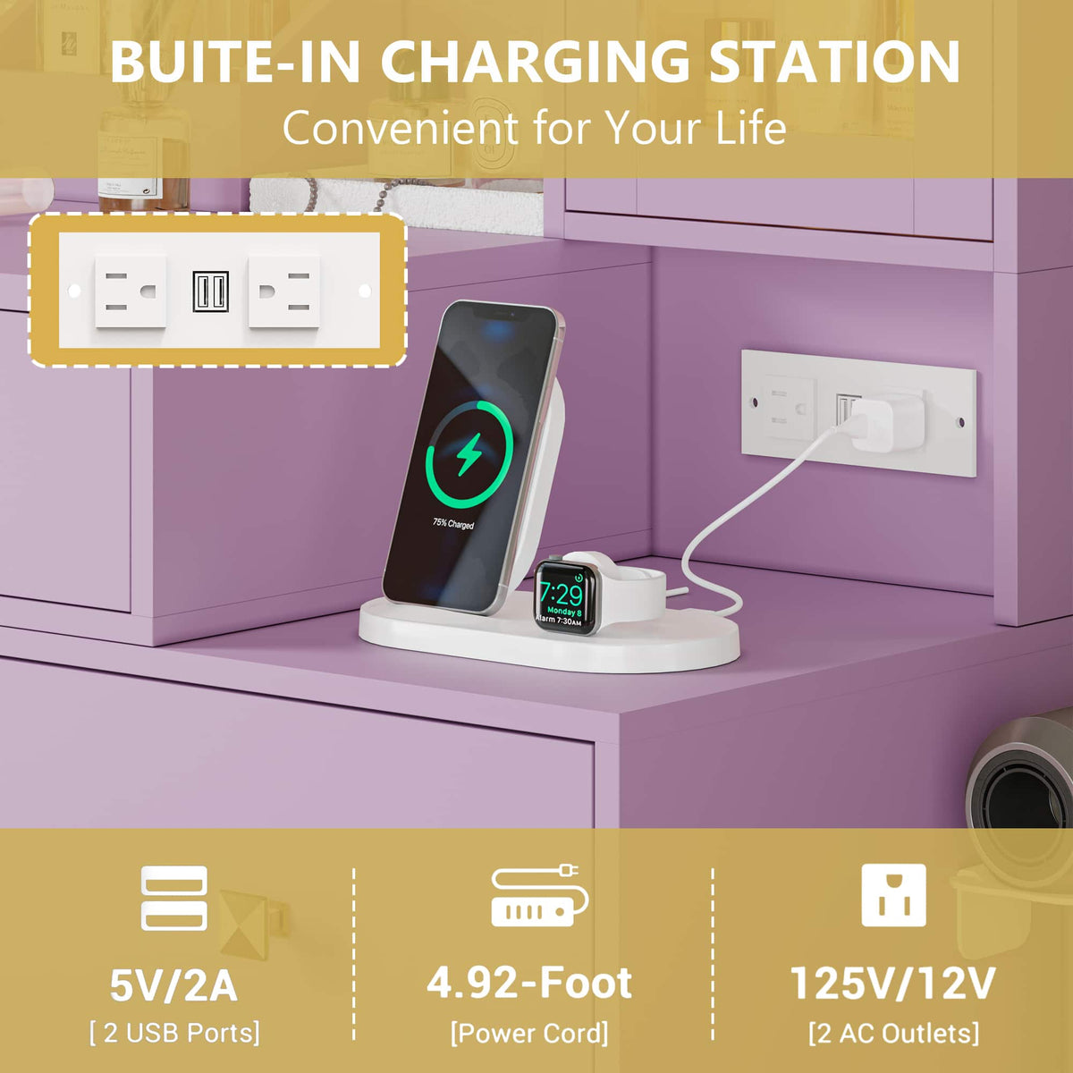 Anymaple Illume Collection Purple makeup vanity with lighted mirror and jewelry cabinet built-in charging station with USB ports and AC outlets