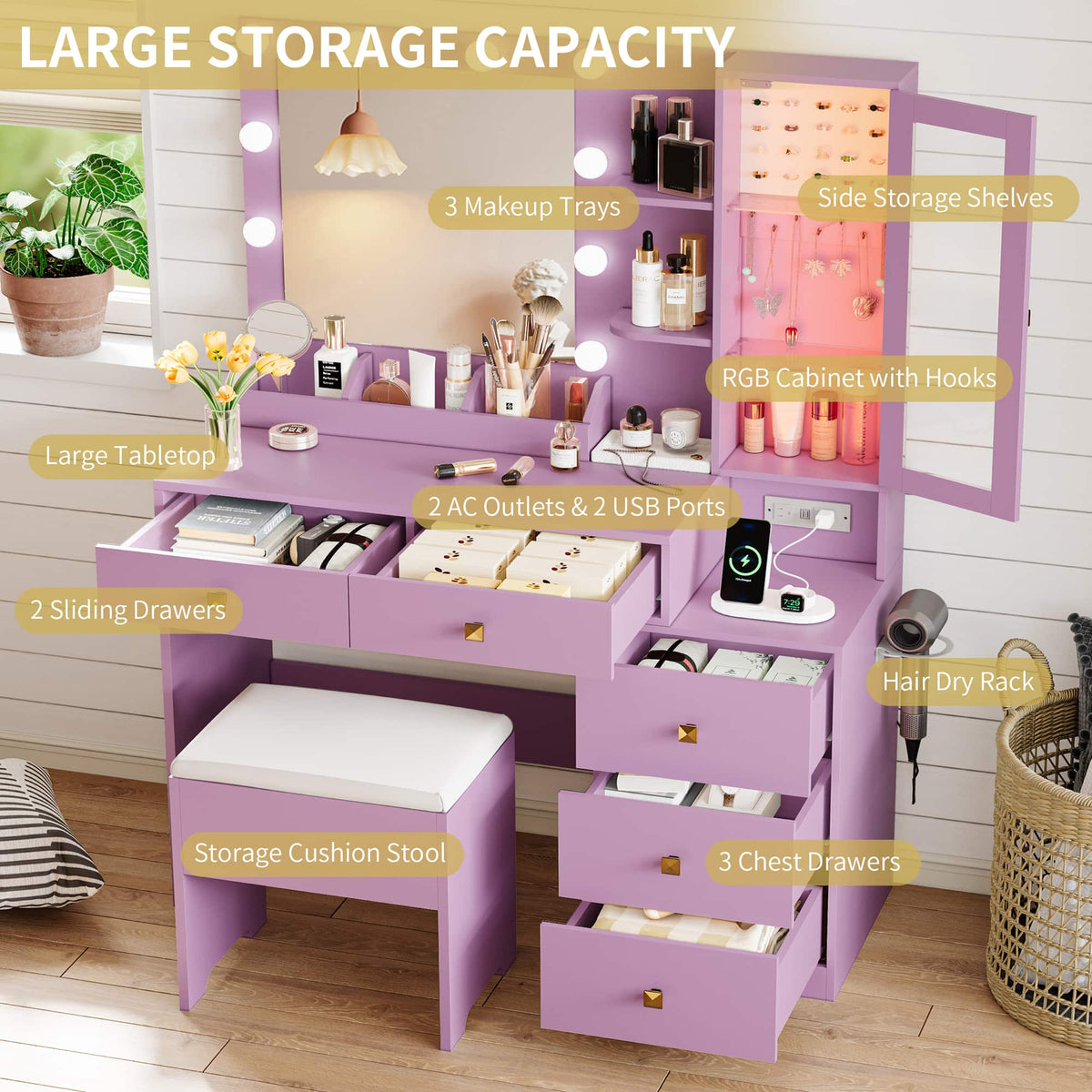 Anymaple Illume Collection Purple makeup vanity with lighted mirror and jewelry cabinet 5-drawer storage for makeup, brushes, and beauty tools