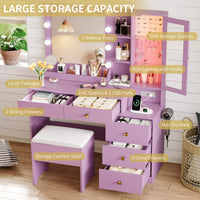 Anymaple Illume Collection Purple makeup vanity with lighted mirror and jewelry cabinet 5-drawer storage for makeup, brushes, and beauty tools