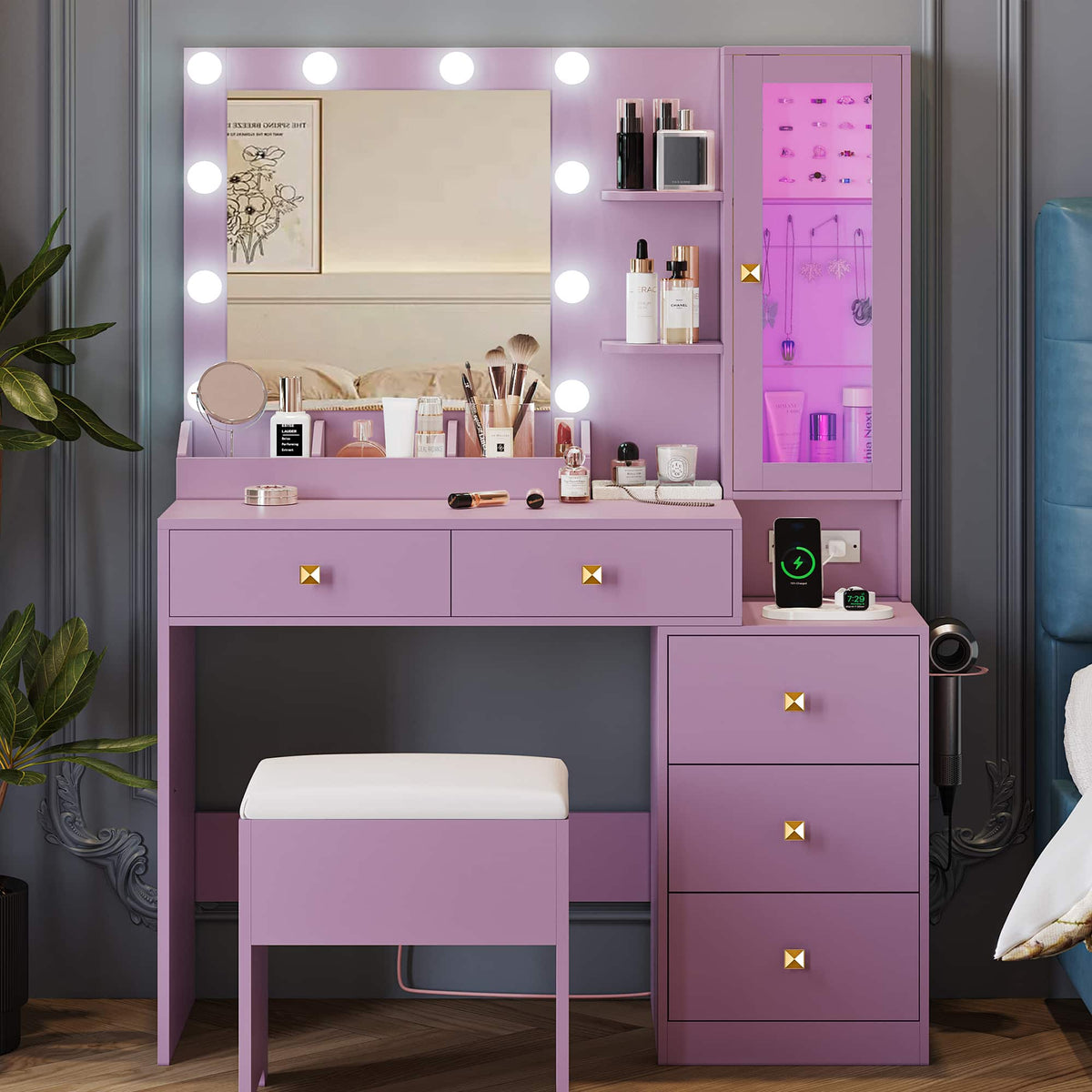 Anymaple Illume Collection Purple makeup vanity with lighted mirror and jewelry cabinet side jewelry cabinet for accessories and cosmetics
