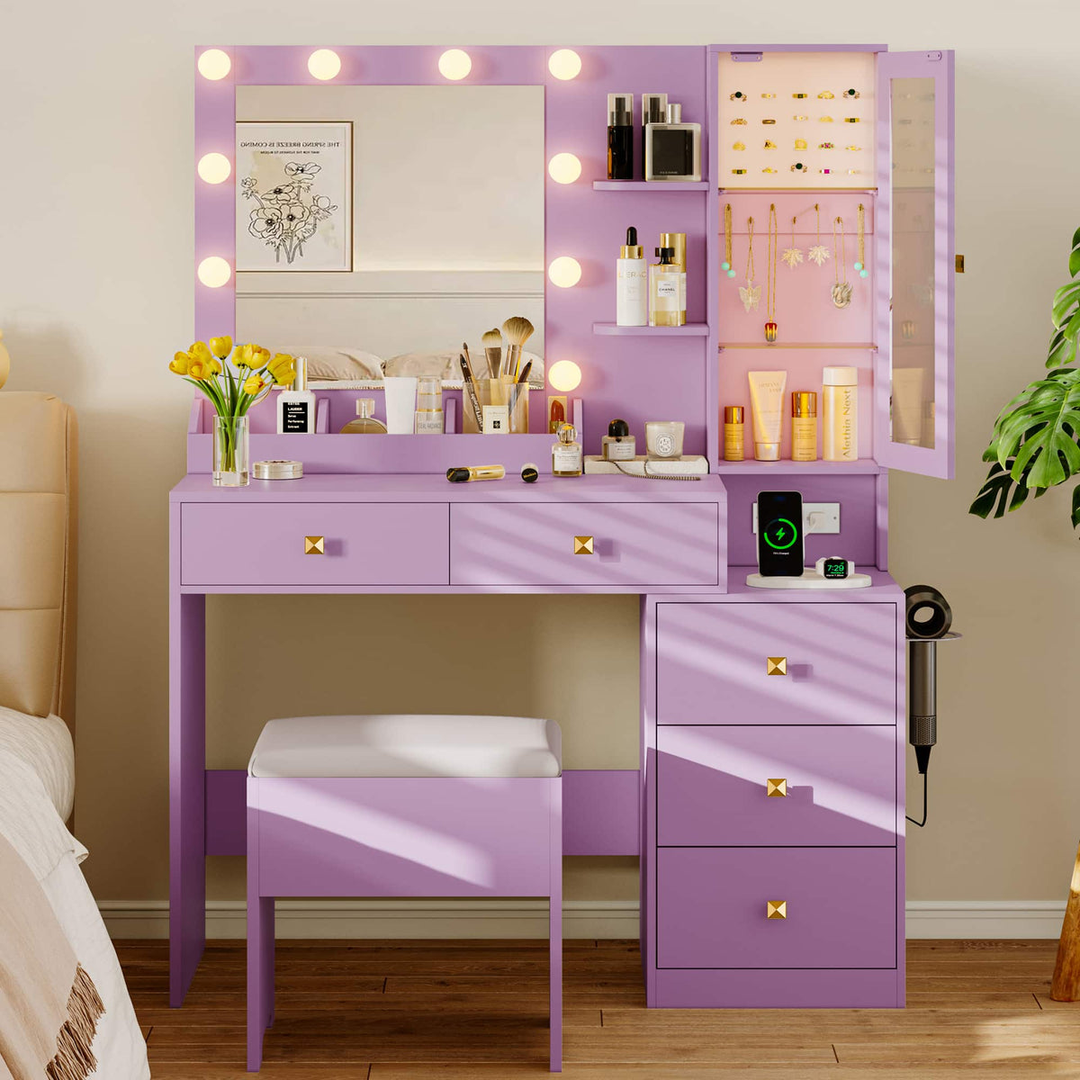 Anymaple Illume Collection Purple makeup vanity with lighted mirror and jewelry cabinet lighted mirror for makeup and skincare routines
