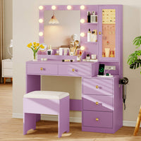 Anymaple Illume Collection Purple makeup vanity with lighted mirror and jewelry cabinet main view with lighted mirror, jewelry cabinet, drawers, and included stool