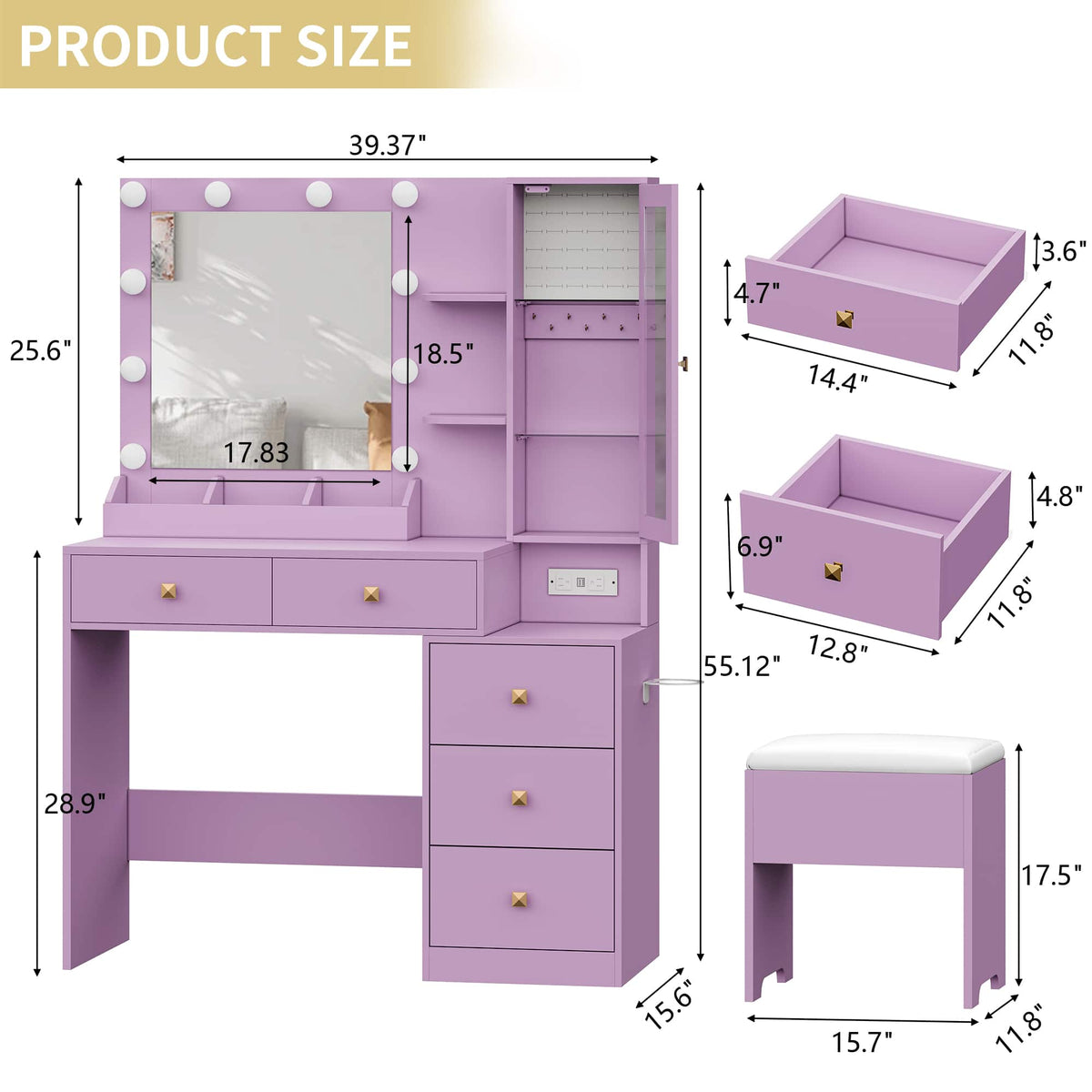 Anymaple Illume Collection Purple makeup vanity with lighted mirror and jewelry cabinet product size dimensions, 39"W x 16"D x 55"H