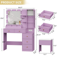 Anymaple Illume Collection Purple makeup vanity with lighted mirror and jewelry cabinet product size dimensions, 39"W x 16"D x 55"H
