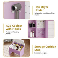 Anymaple Illume Collection Purple makeup vanity with lighted mirror and jewelry cabinet RGB ambient light detail for bedroom vanity styling