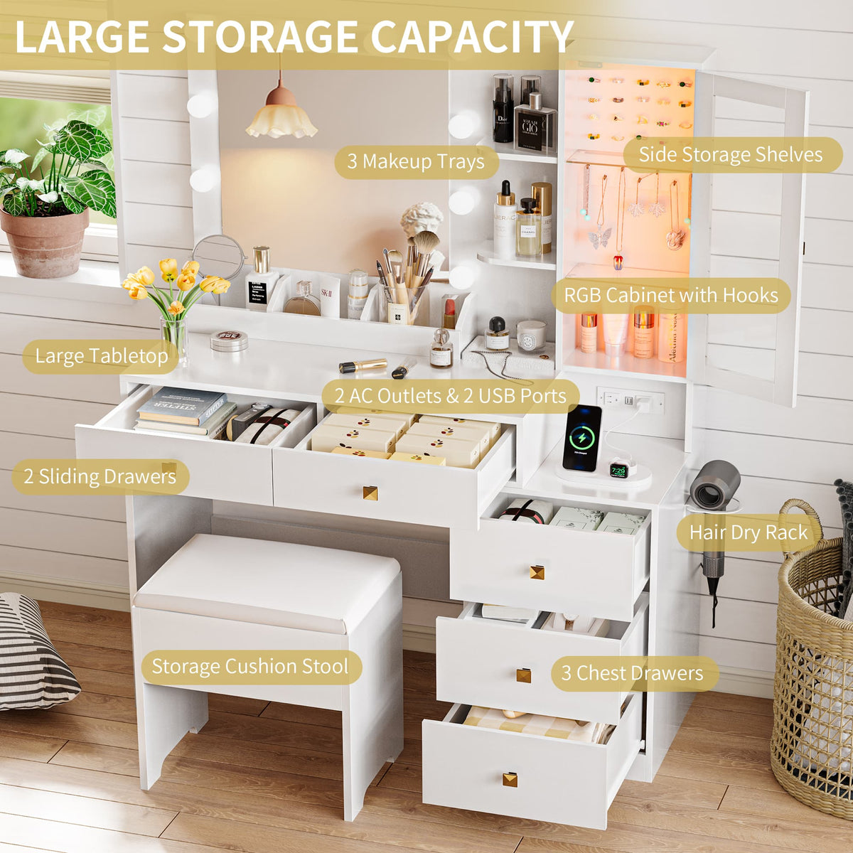 Anymaple Illume Collection White makeup vanity with lighted mirror and jewelry cabinet 5-drawer storage for makeup, brushes, and beauty tools