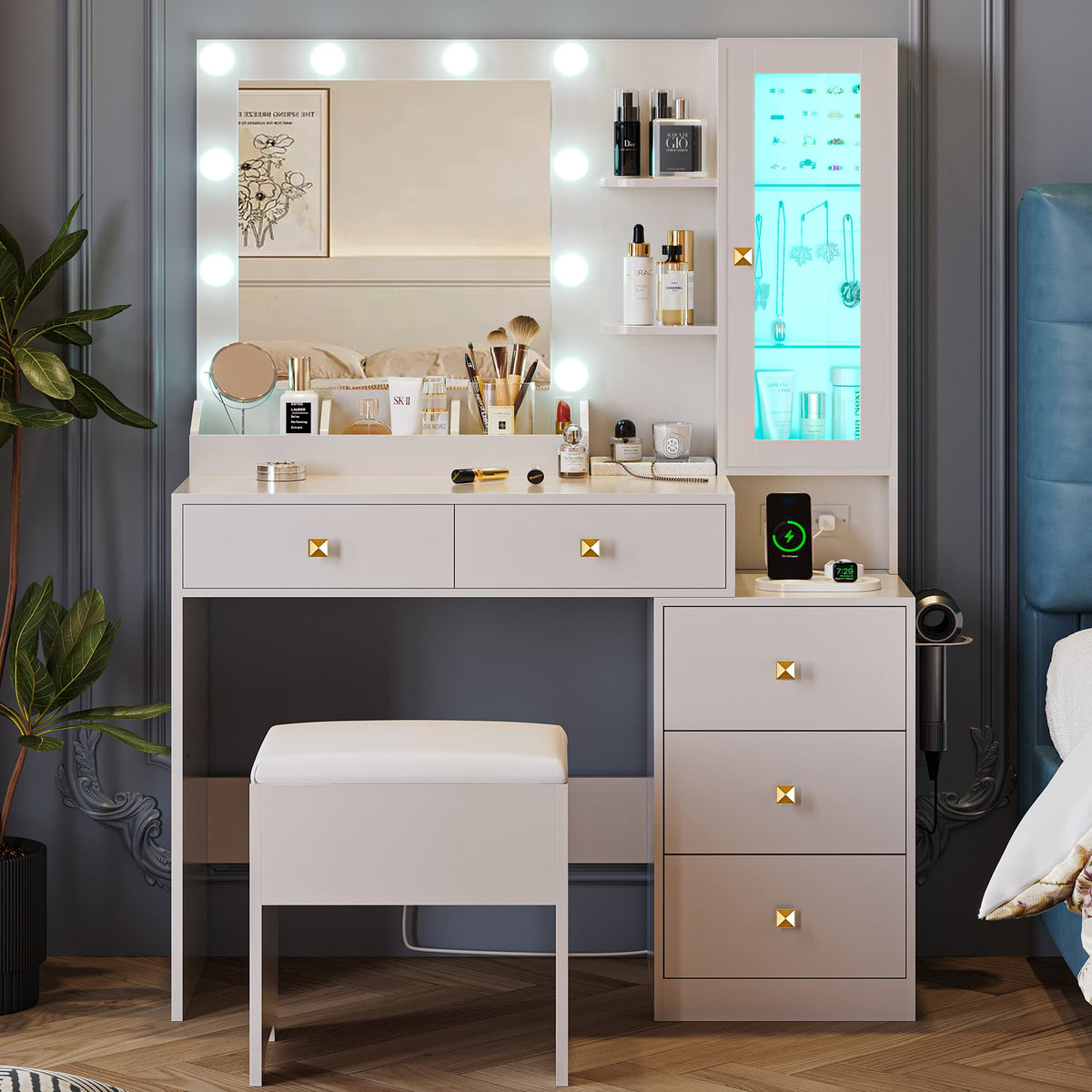 Anymaple Illume Collection White makeup vanity with lighted mirror and jewelry cabinet side jewelry cabinet for accessories and cosmetics