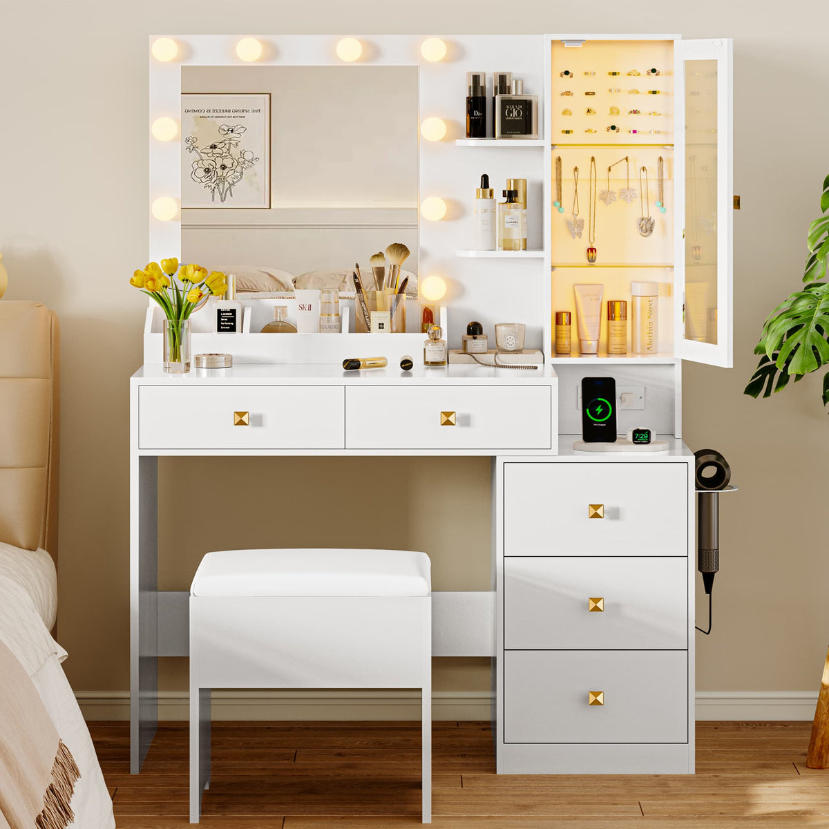 Anymaple Illume Collection White makeup vanity with lighted mirror and jewelry cabinet lighted mirror for makeup and skincare routines