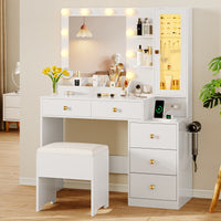 Anymaple Illume Collection White makeup vanity with lighted mirror and jewelry cabinet main view with lighted mirror, jewelry cabinet, drawers, and included stool
