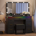 HLG023 black vanity desk with lighted mirror, 7 drawers and stool