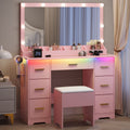 HLG023 pink vanity desk with lighted mirror, 7 drawers and stool