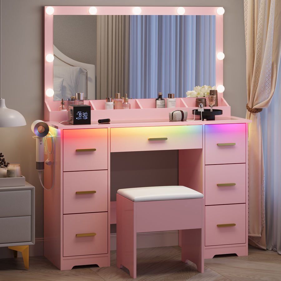 HLG023 pink vanity desk with lighted mirror, 7 drawers and stool