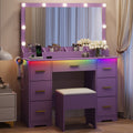 HLG023 purple vanity desk with lighted mirror, 7 drawers and stool